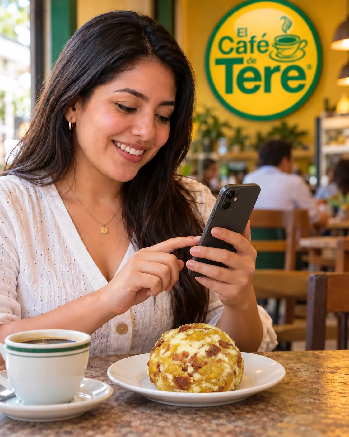 Una persona pide un bolón guayaquileño desde su teléfono en Café de Tere