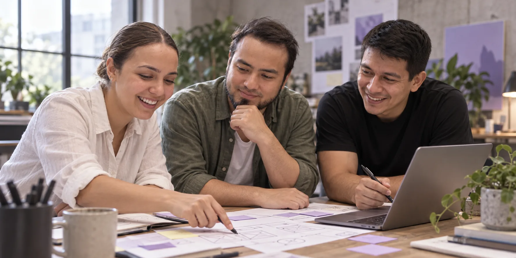 Tres integrantes del equipo colaboran con bocetos y una computadora portátil en un estudio moderno