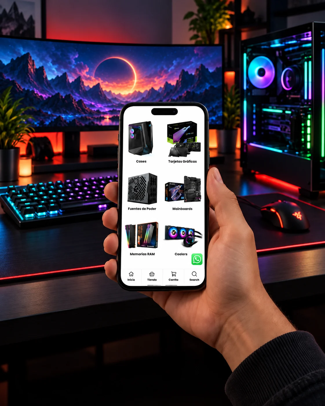 Una mano sostiene un celular con la tienda PC Gaming Ecuador frente a un setup gamer con luces RGB y acentos rojos